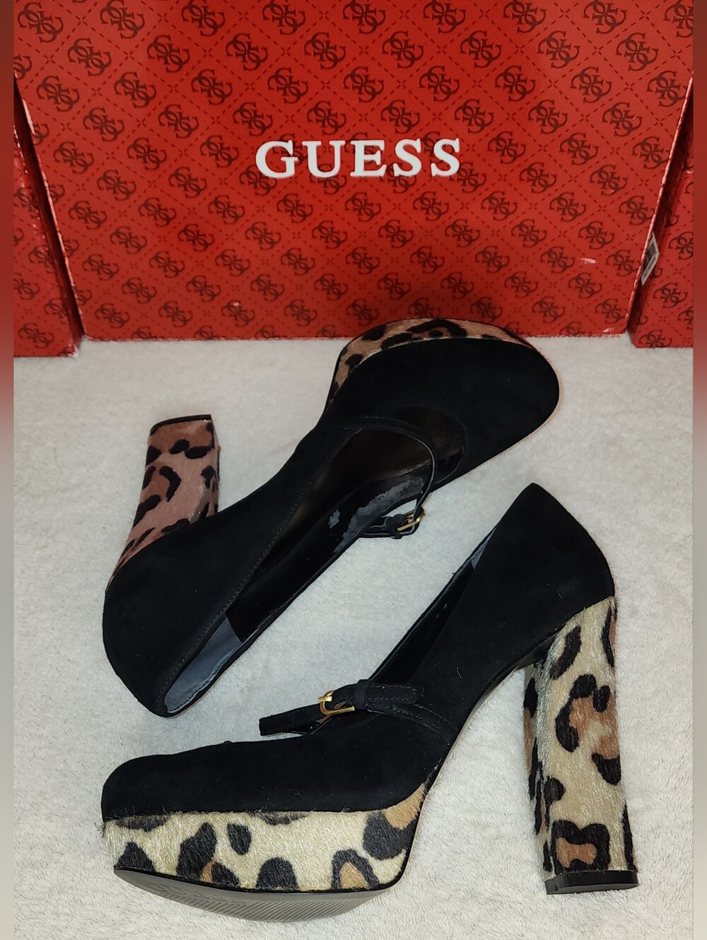 GUESS Black Suede Pumps with Leopard-Print Platform & Block Heel